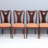Set of Six Walnut Dining Chairs with Orange Fabric in the Style of Parisi