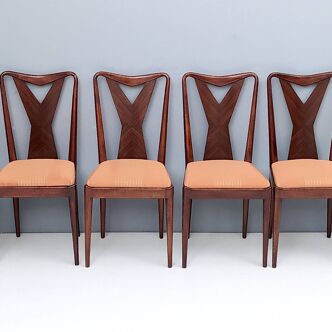 Ensemble de six chaises de salle à manger en noyer avec tissu orange dans le style de Parisi