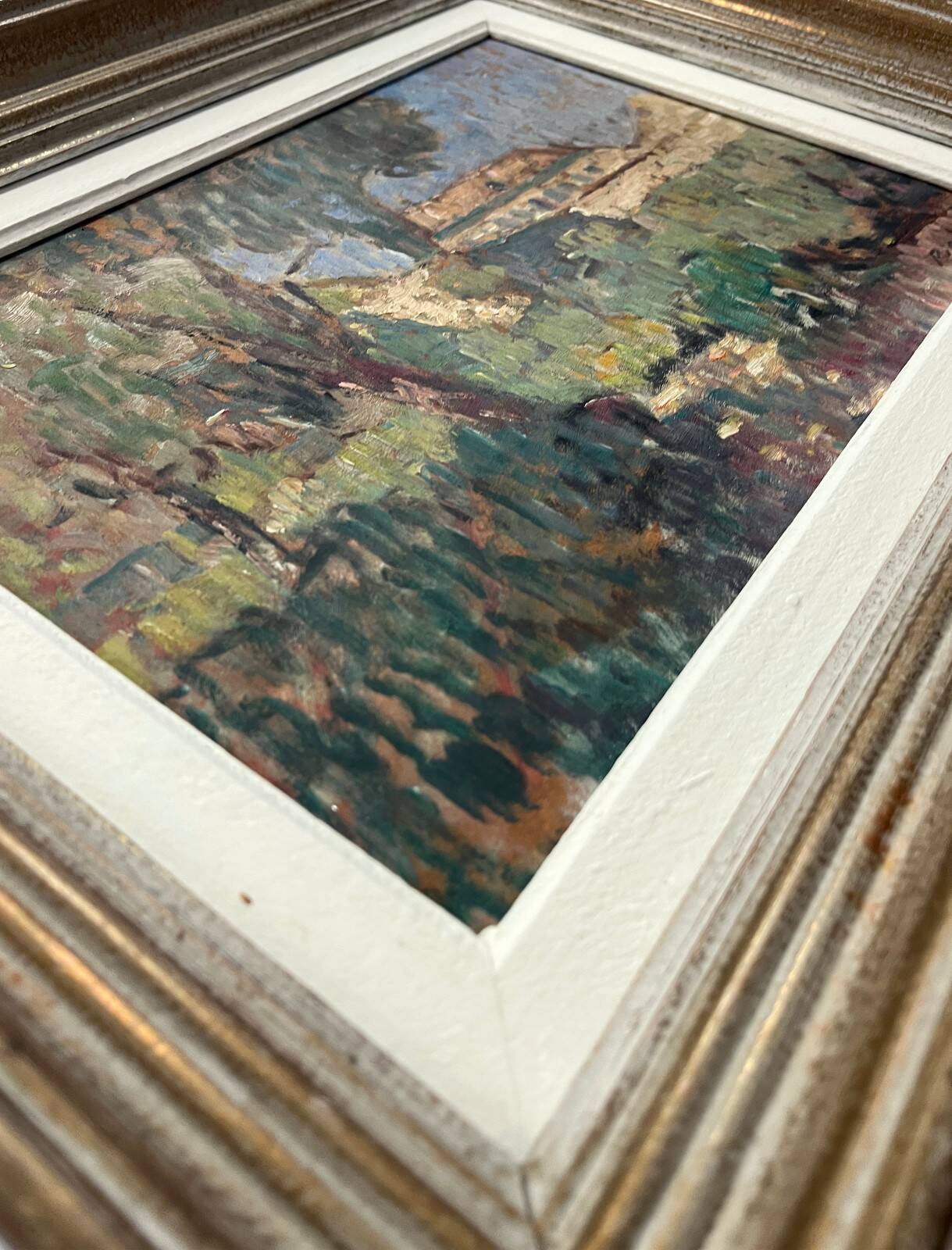 Oil painting on panel, Mediterranean landscape, mid-20th century.