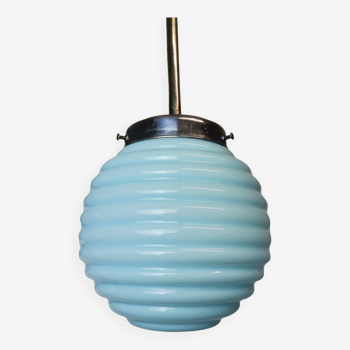 Lampe à suspension vintage art déco en verre nervuré bleu 1950
