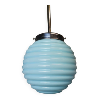 Vintage blue ribbed glass art deco hanging lamp 1950s