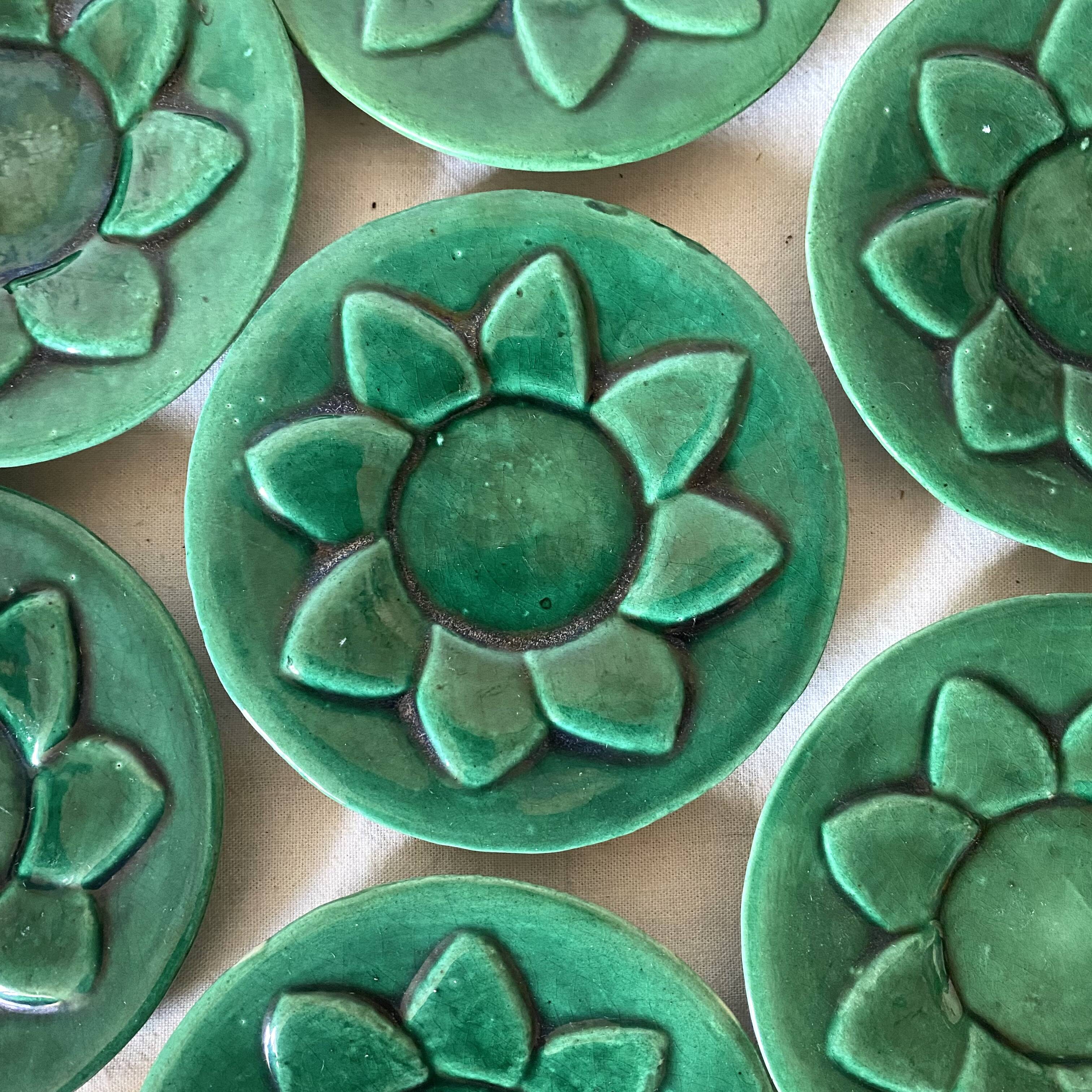 Antique slip cups with saucers, sugar bowl and milk pitcher