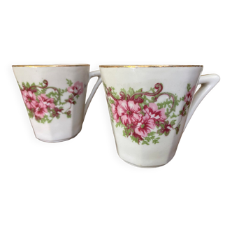 Set of 2 cups porcelain decoration garland pink flowers