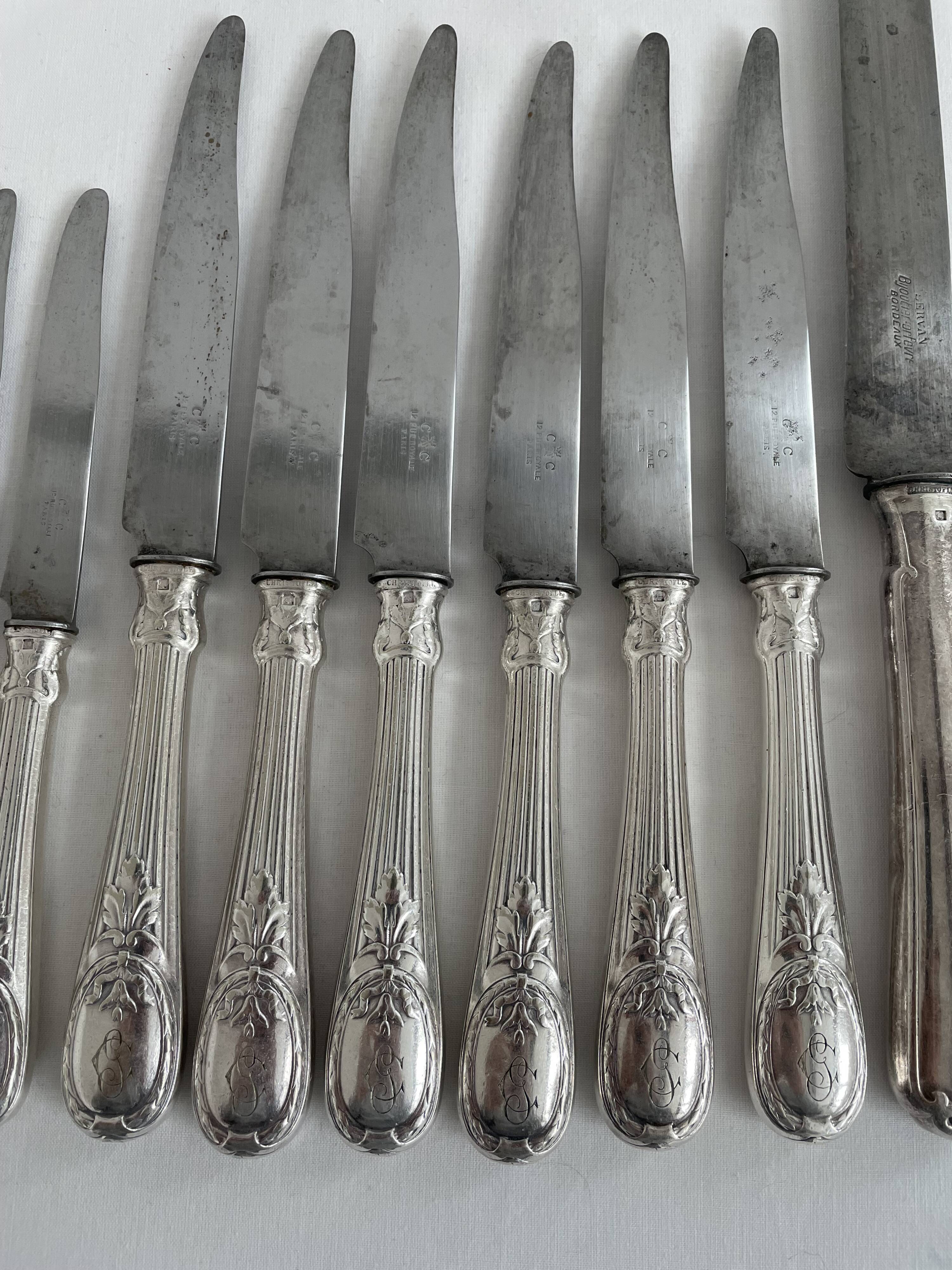 Knife set, Charles Christofle, silver plated metal, Art Nouveau, plant decoration, cheese, large