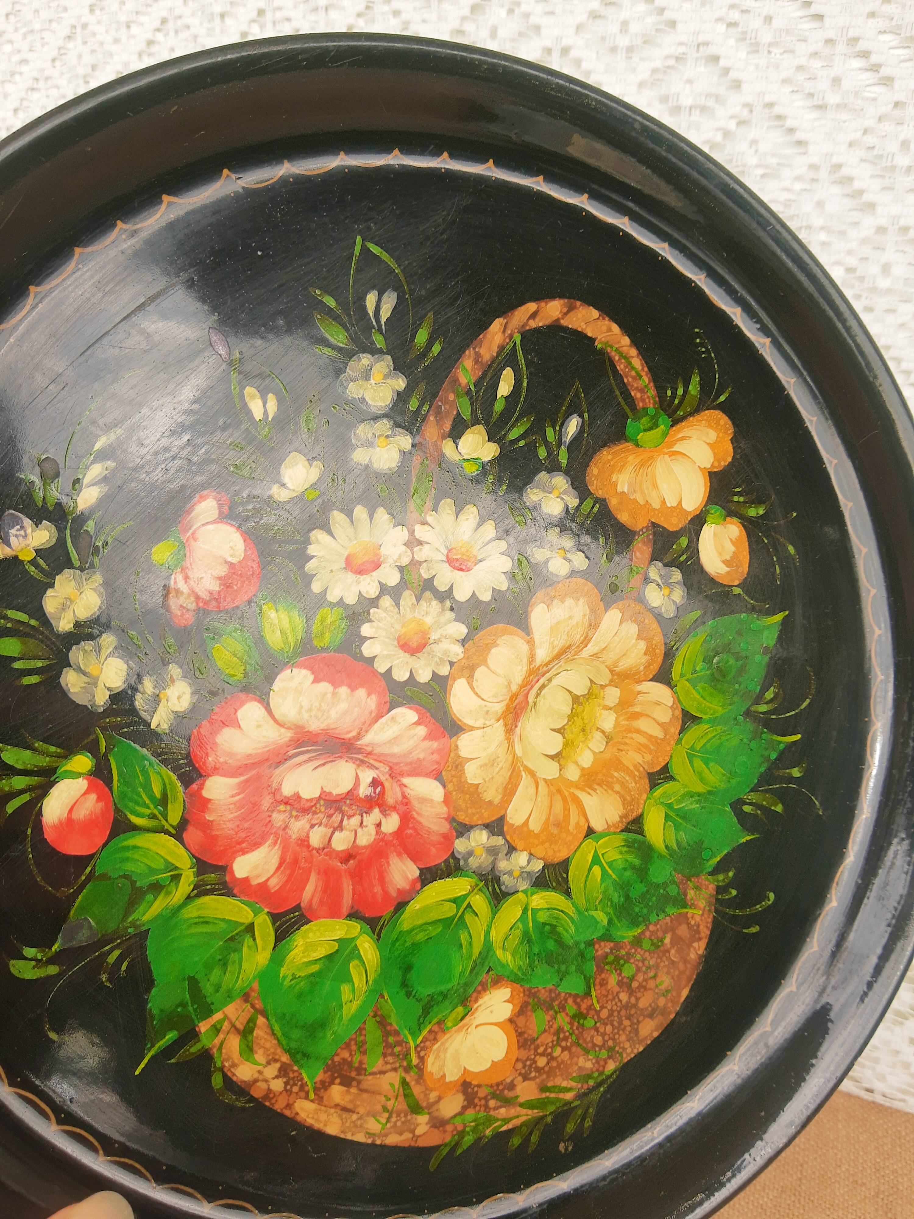 Black metal round top and vintage hand-painted flowers