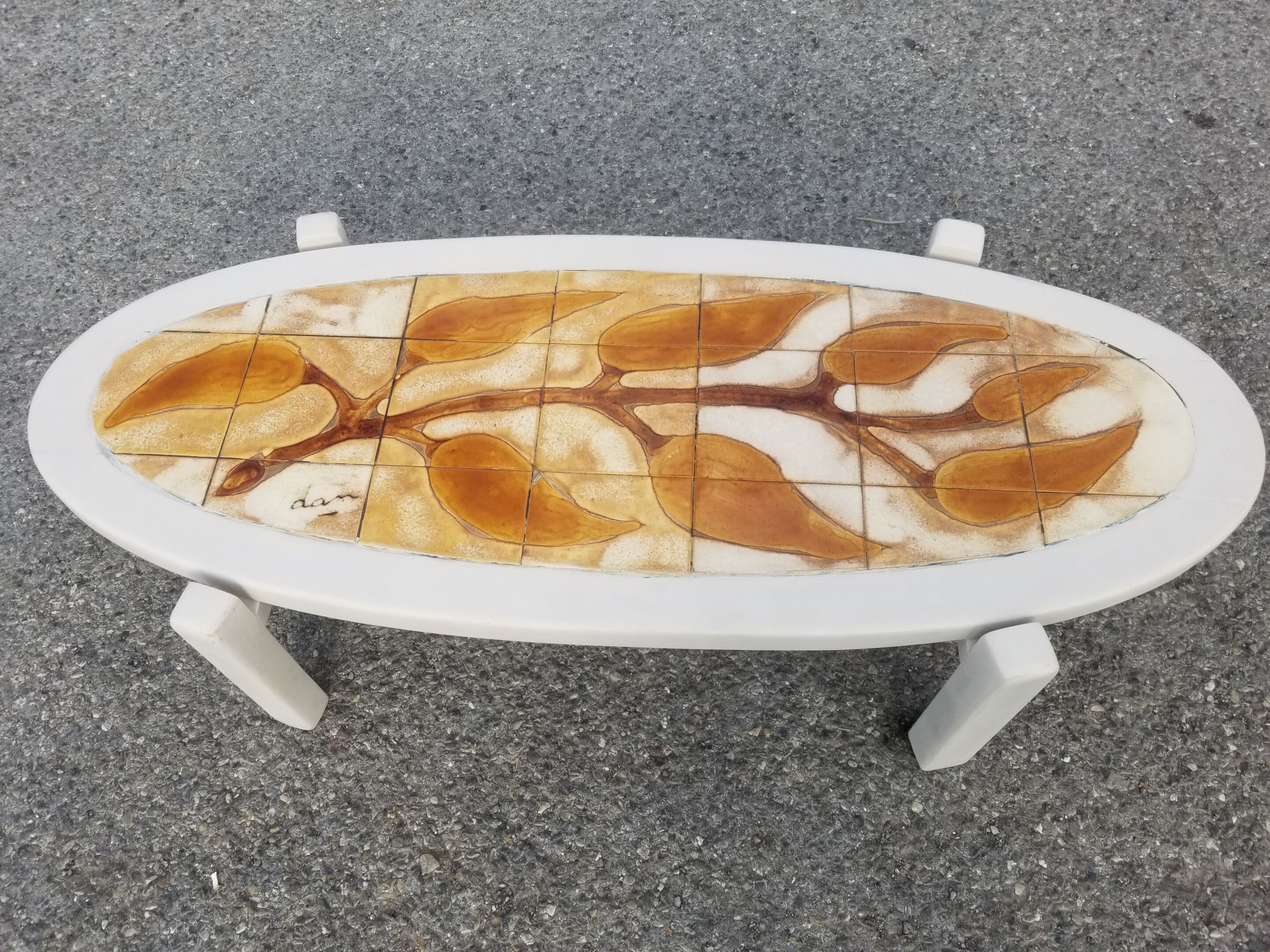 Vintage oval wooden and ceramic coffee table signed Dan - Vallauris