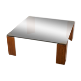 Table vintage années 80 en bois, laiton et verre, design italien
