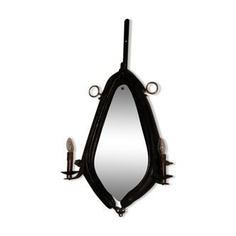 Miroir en selle de cheval cuir et deux appliques