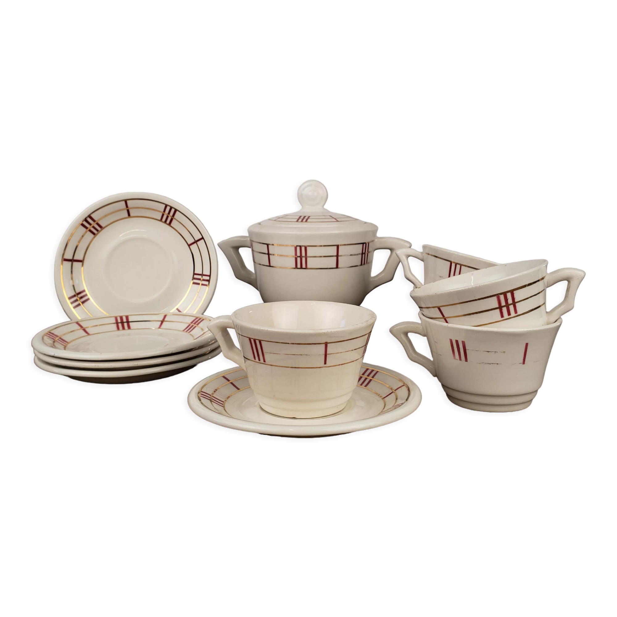 Cups and saucers x5 and sugar bowl - Moulin des Loups, model Richelieu