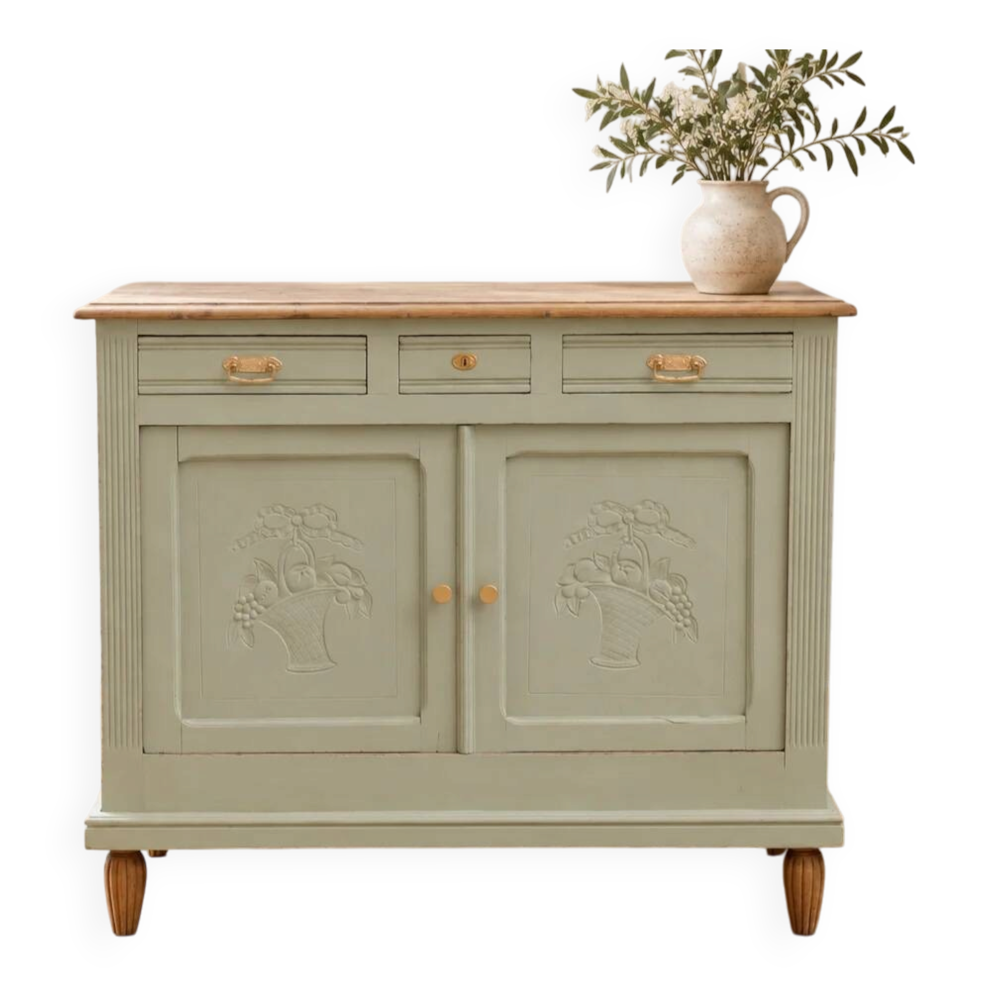 Antique art deco buffet in solid oak – pure lizard green & paint and natural wood – 121 cm