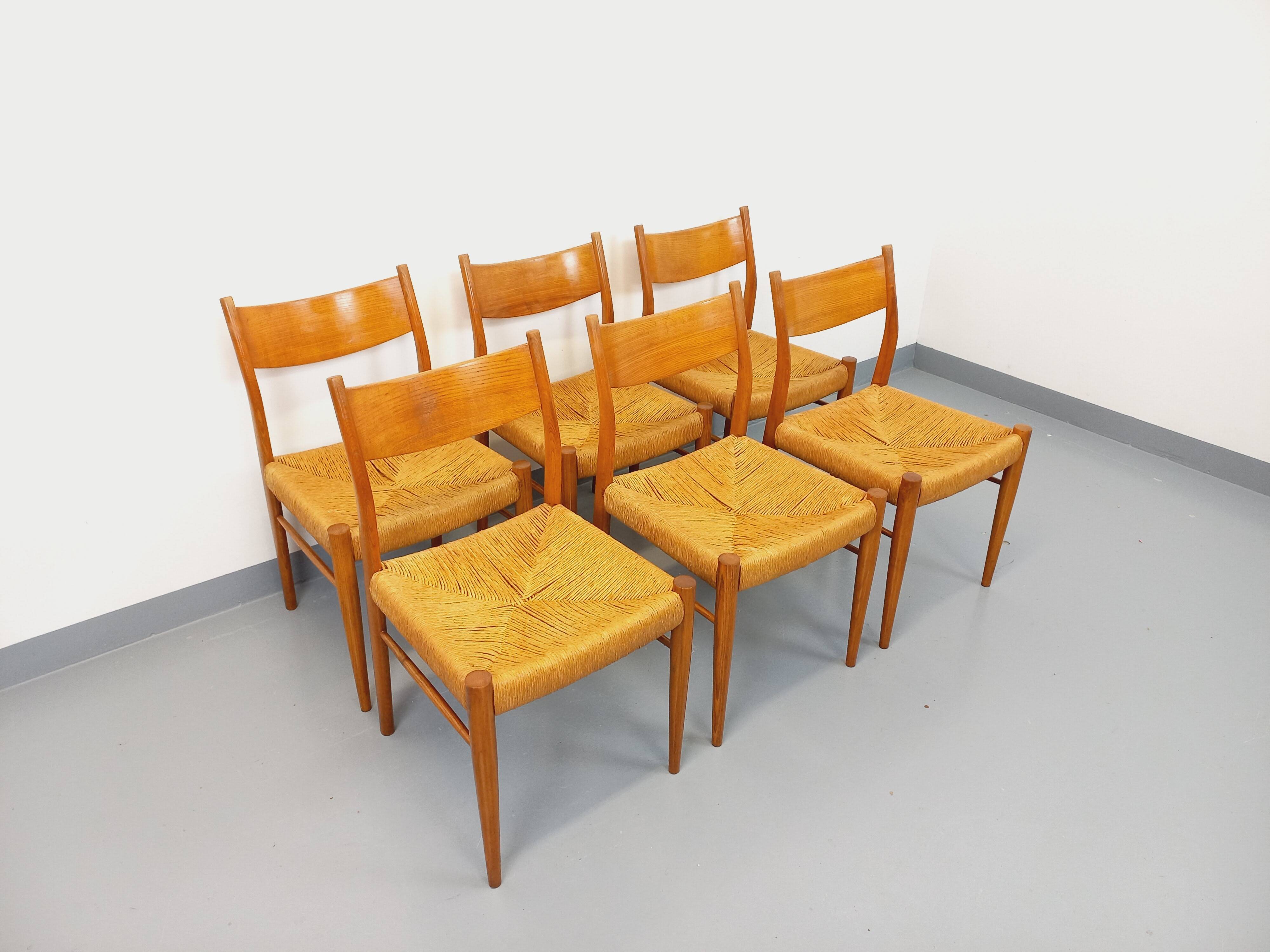Set of 6 vintage teak Danish rope chairs Gessef Consorzio Sedie Friuli