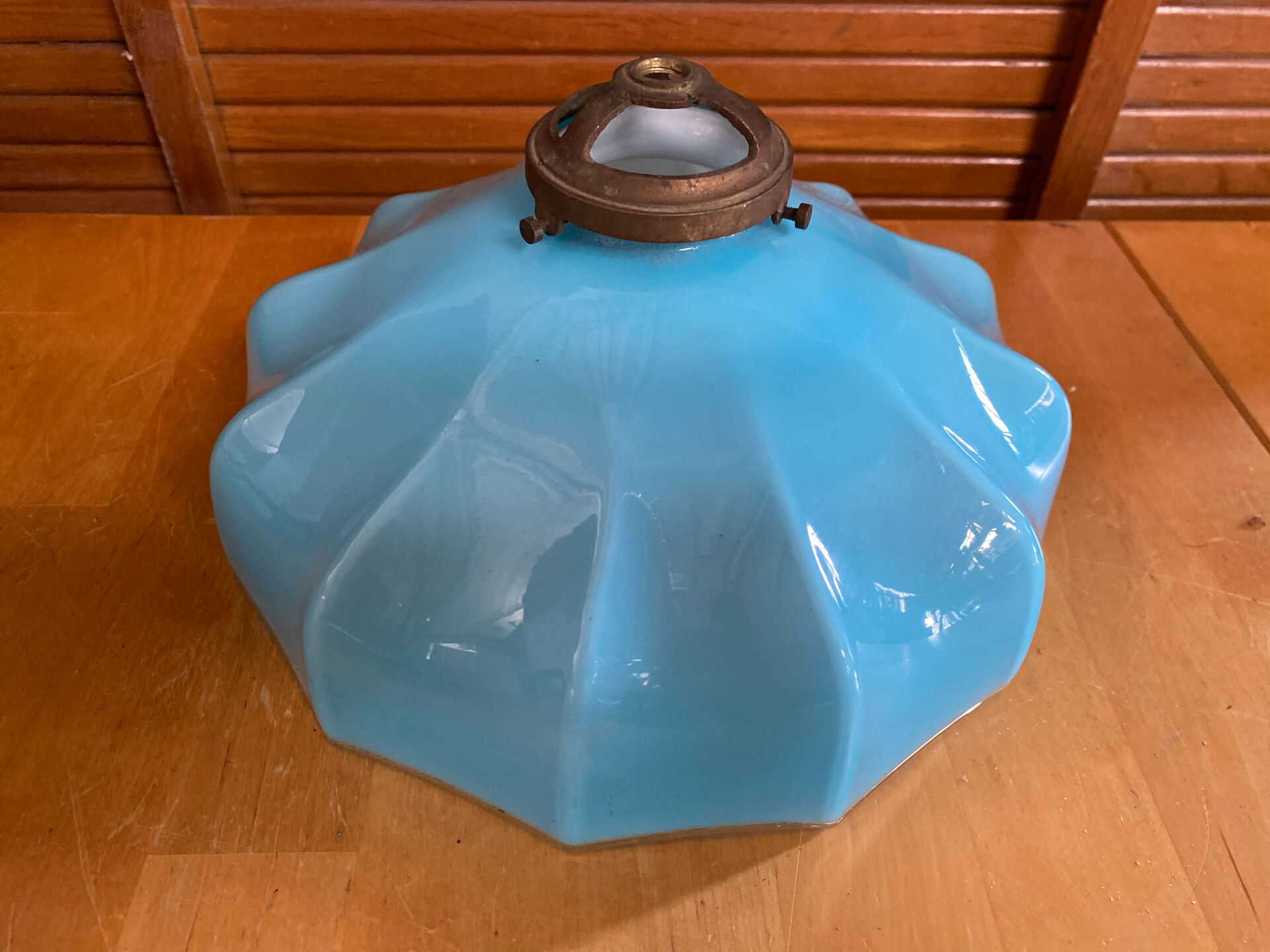 Old Suspension Opaline Blue Lampshade White Interior + Brass #E
