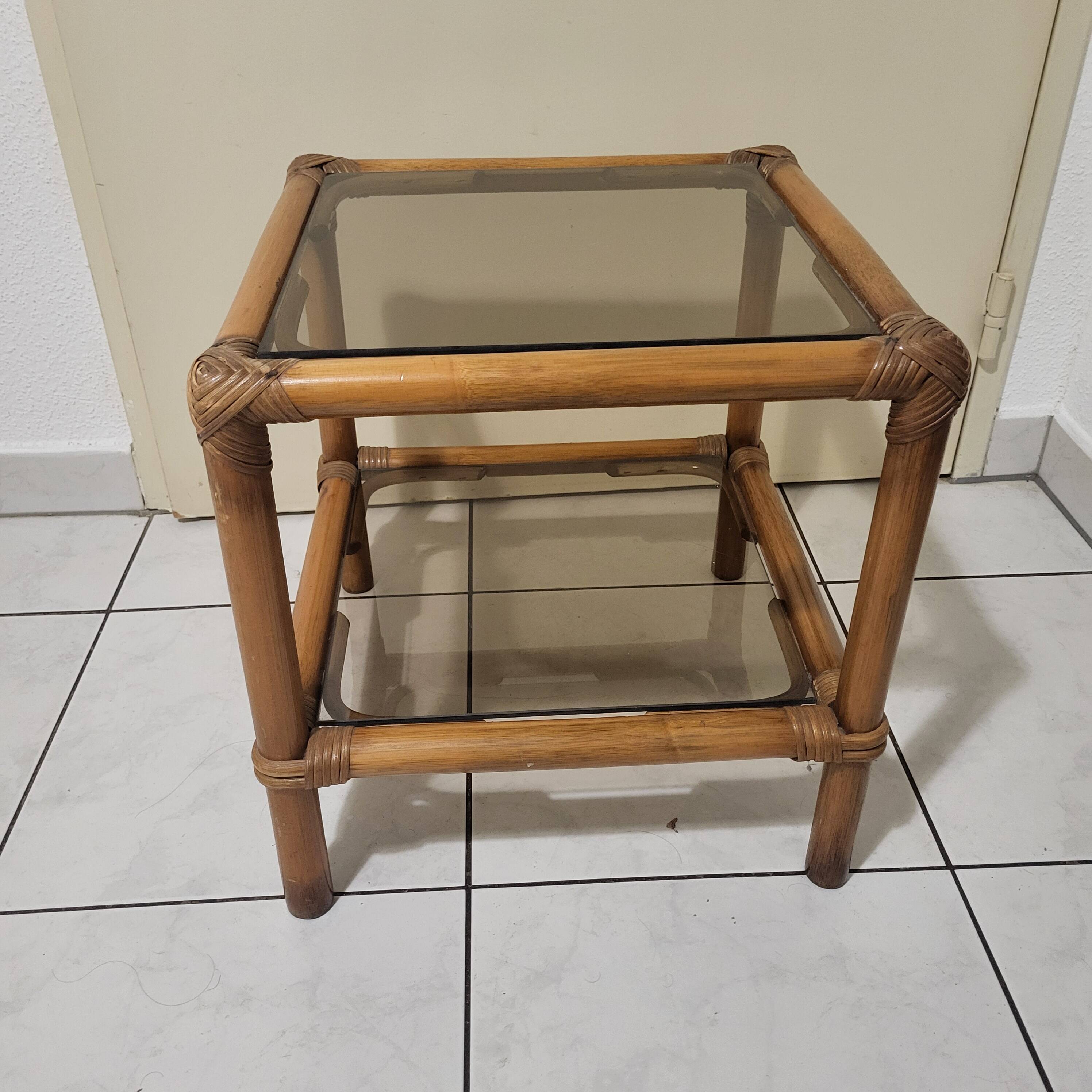 Table, side table in rattan and smoked glass from the 60s, vintage