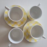 4 cups, 2 under cups yellow and white tea towel pattern