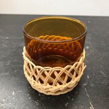 Carafe juice service with 4 orange blown glass glasses + vintage wicker