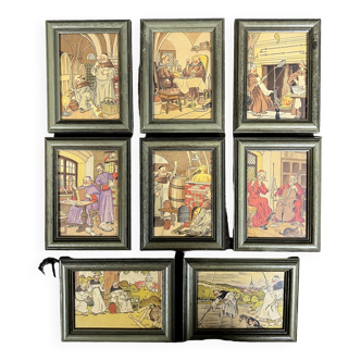 Harry Eliott series of 8 stencil prints, animated humorous scenes of monks