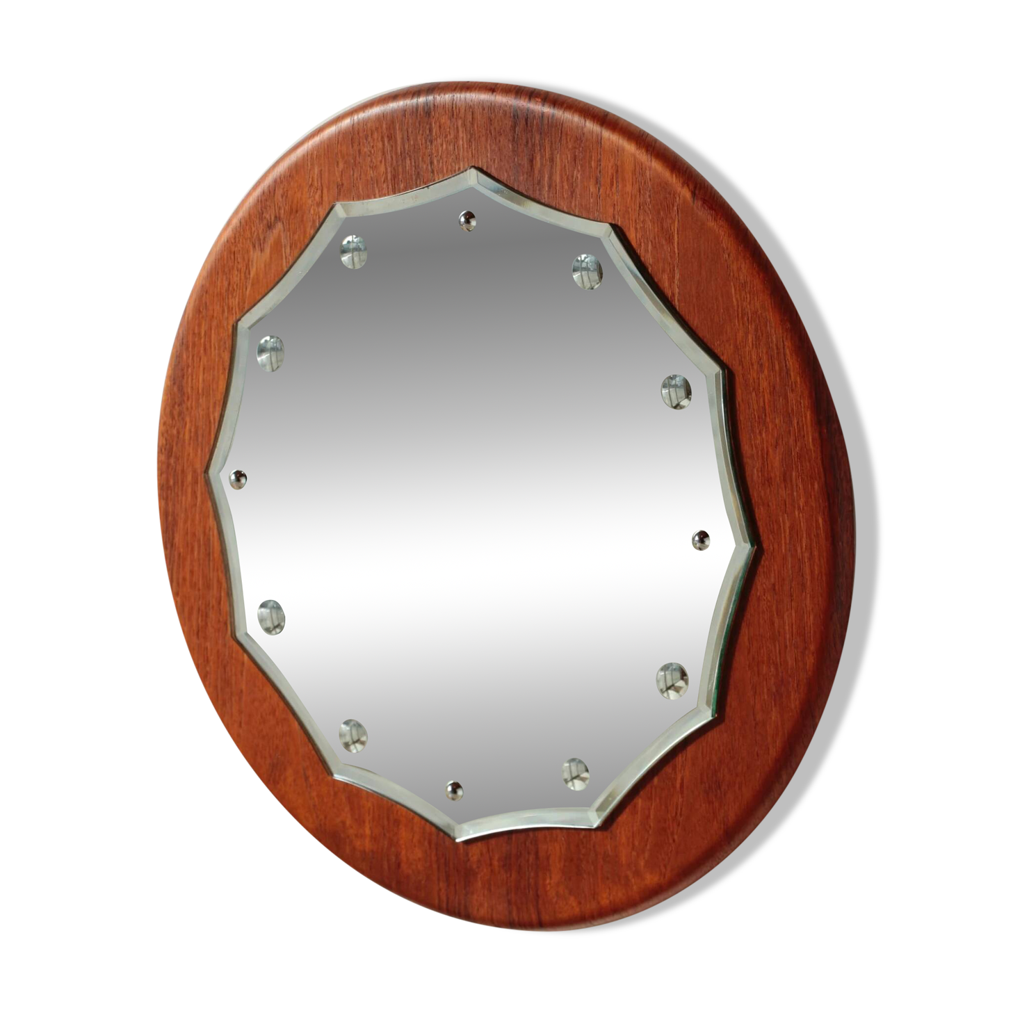 Vintage round teak mirror from the 1960s.