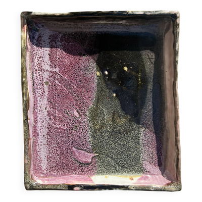 Plat / vide poche gres blanc chamoté & émaillé, pièce d'atelier signée 1970