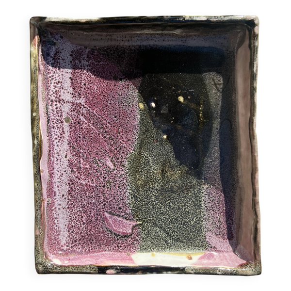 Plat / vide poche gres blanc chamoté & émaillé, pièce d'atelier signée 1970