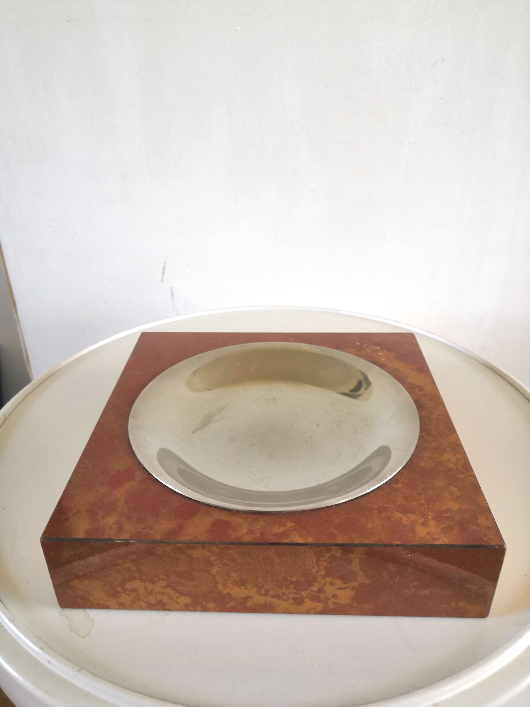 Ashtray veneer wood and metal design 70s