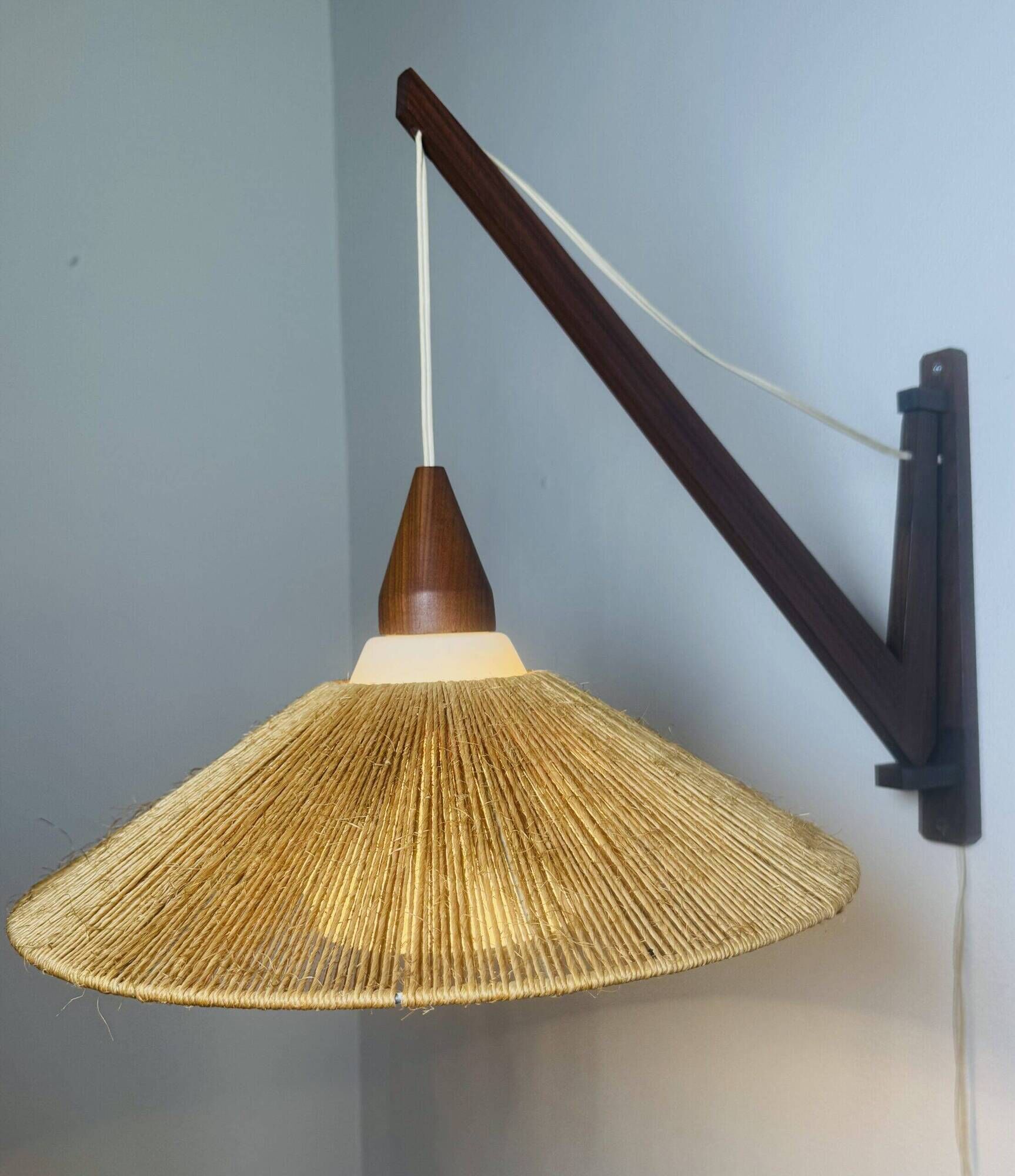Wood And Sisal Wall Lamp By E.R. Nele For Temde Leuchten, Germany/Switzerland 1960S