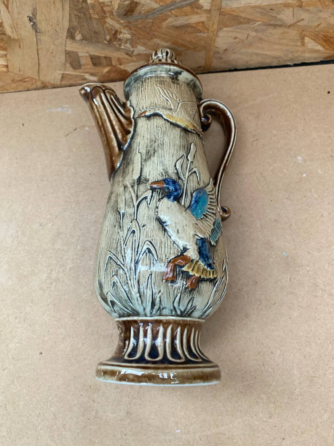 Antique teapot shaped pitcher ceramic brown beige vintage ducks decor