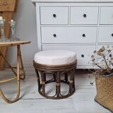 Vintage rattan and French terry fabric pouf