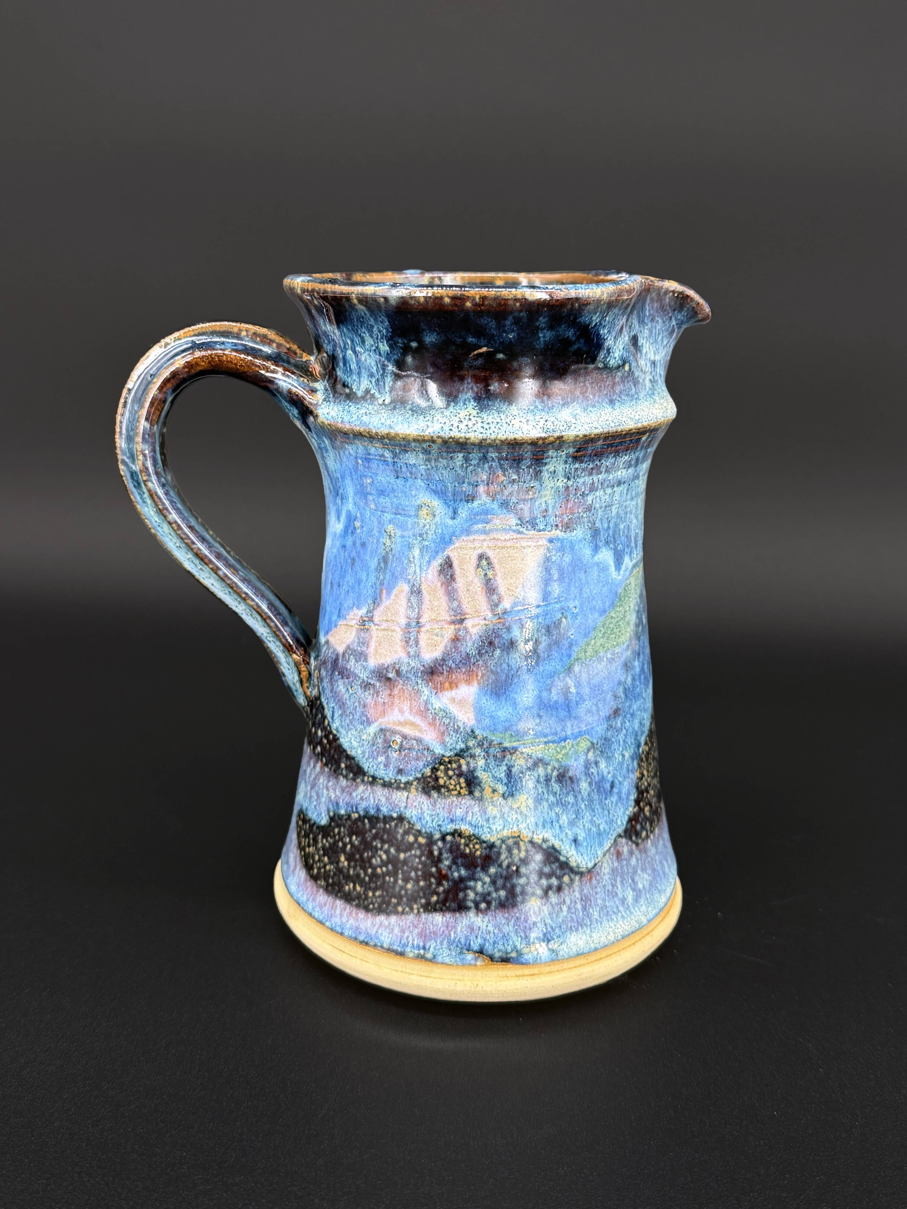 Blue foam glazed stoneware pitcher—Signed art ceramic