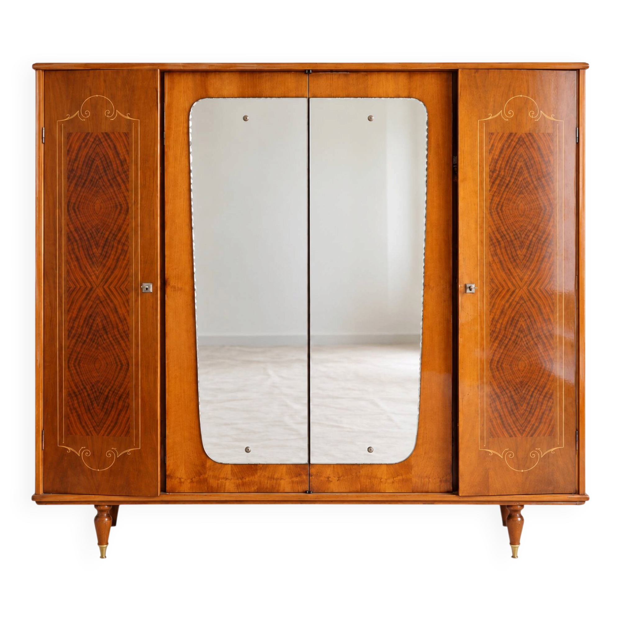Vintage 4-door wardrobe with mirrors, geometric design – Art Deco style