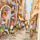 Mid-century oil on canvas painting" city street scene  " by moriani --vintage & framed