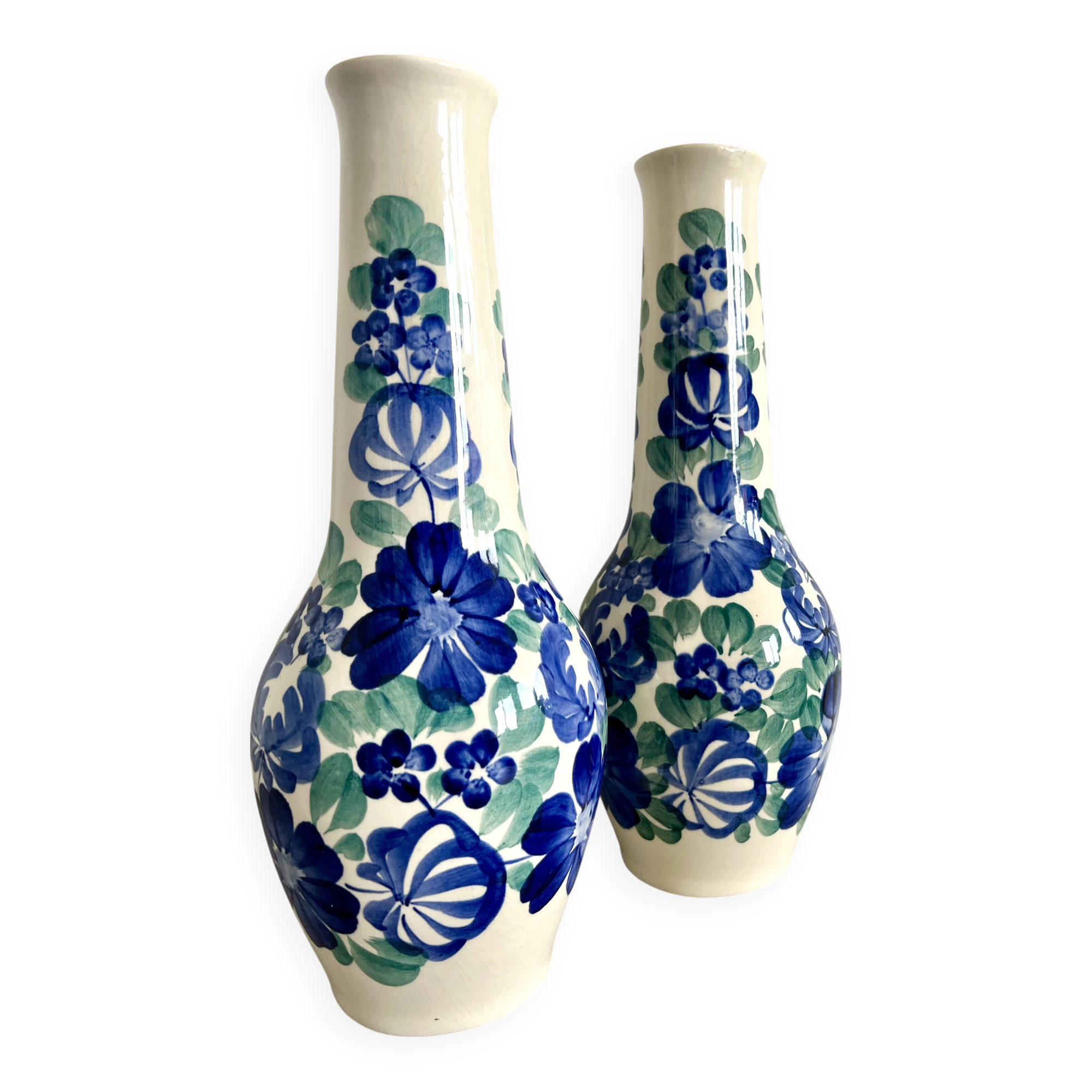 Lot of large Polish ceramic vases with hand-painted blue floral decoration