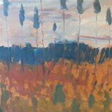 Peinture à l’huile de paysage vintage suédoise « Récolte d’automne » moderne du milieu du siècle, encadrée