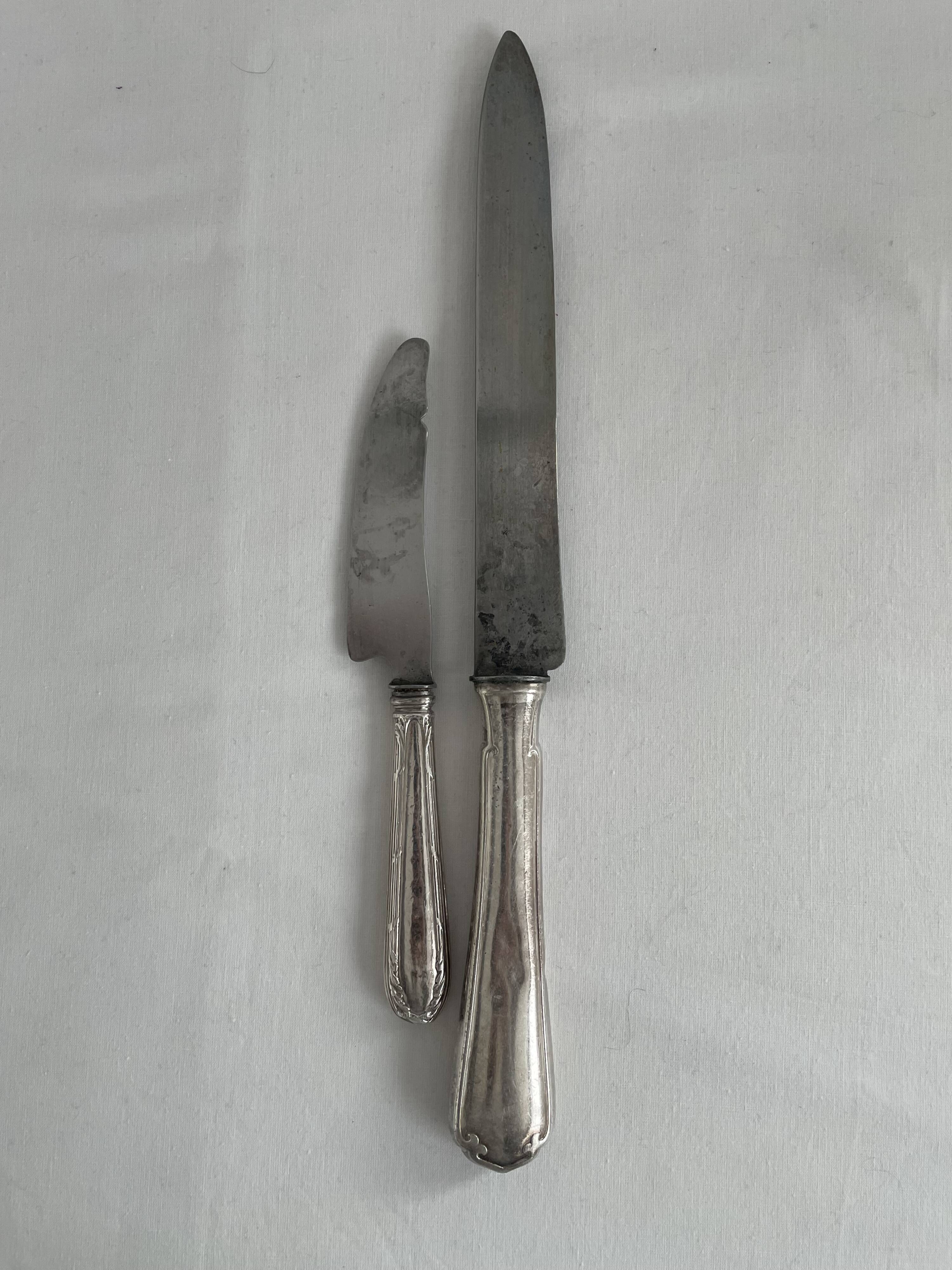 Knife set, Charles Christofle, silver plated metal, Art Nouveau, plant decoration, cheese, large