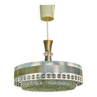 Chandelier 1960 Space Age pressed glass and golden steel crown