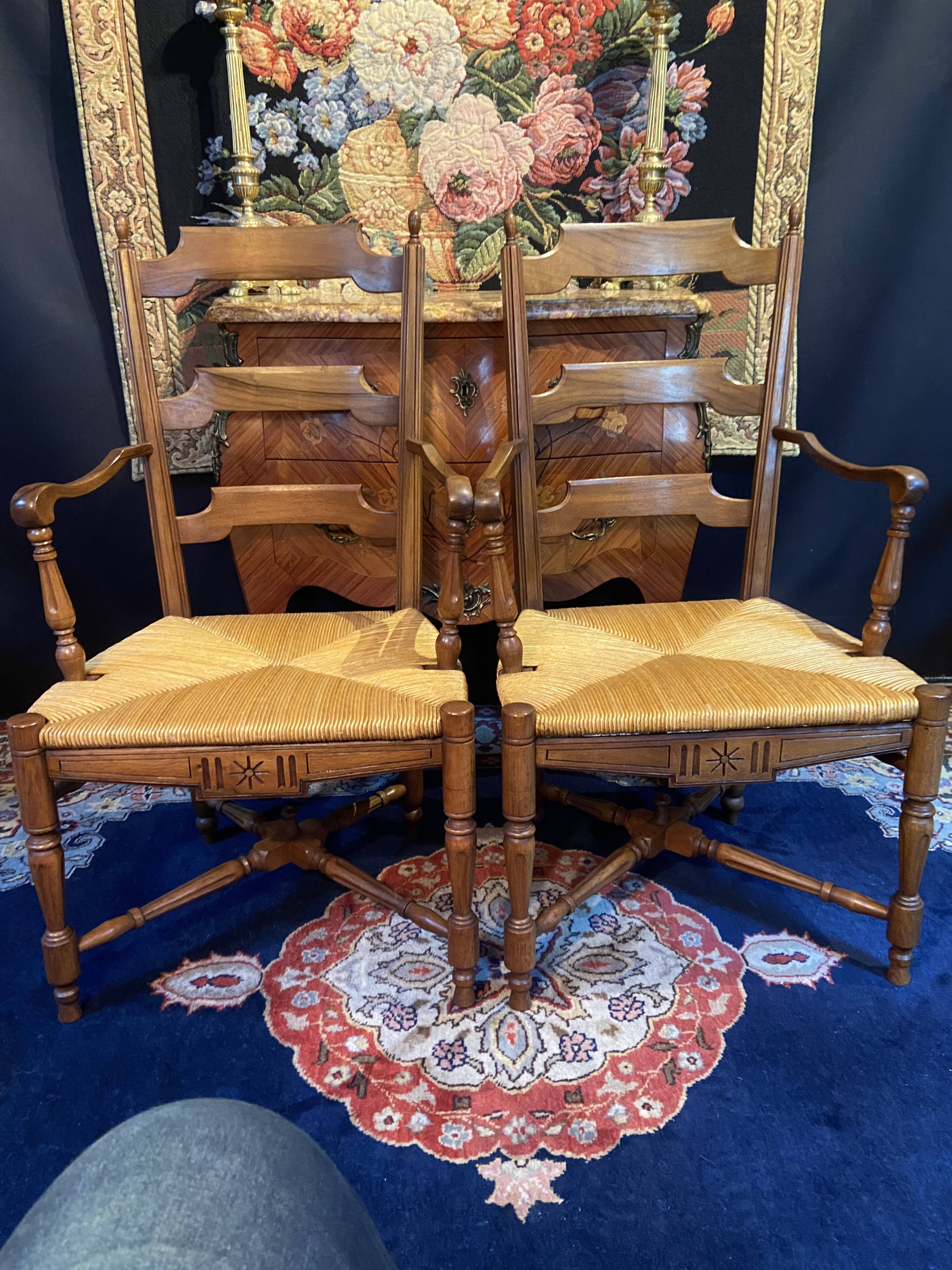 Pair of solid walnut armchairs in Provençal style