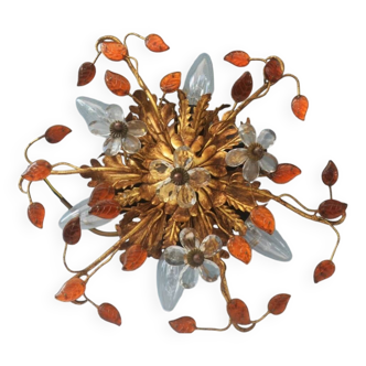 Plafonnier Banci-Firenze, en Fer Doré et Fleurs de Cristal - 6 lampes