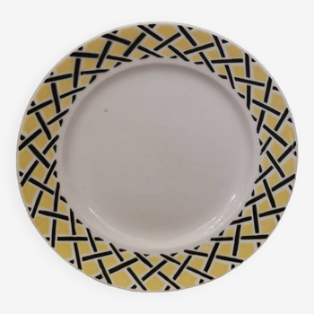 Assiette vintage motif géométrique noire et jaune style Sarreguemines Digoin