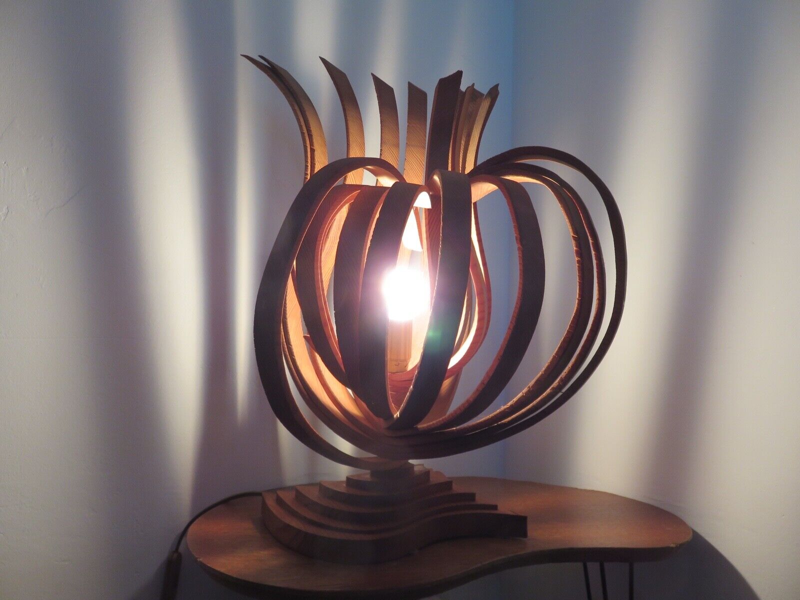 Large Scandinavian arched wooden lamp 60s 70s