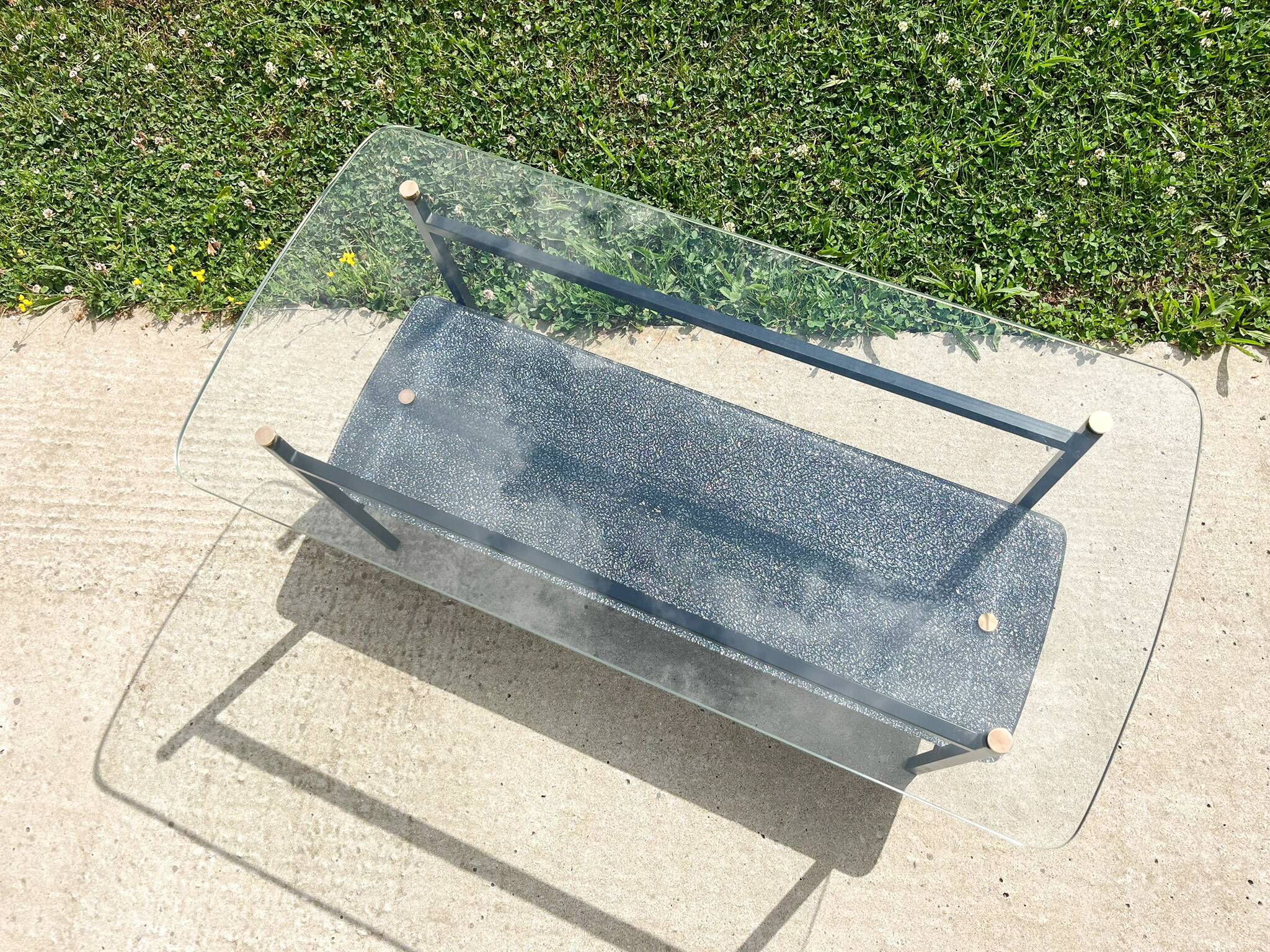 Coffee table with 2 shelves, glass and metal, from the 50s