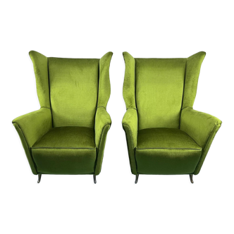 Fauteuils en velours vert italien années 50