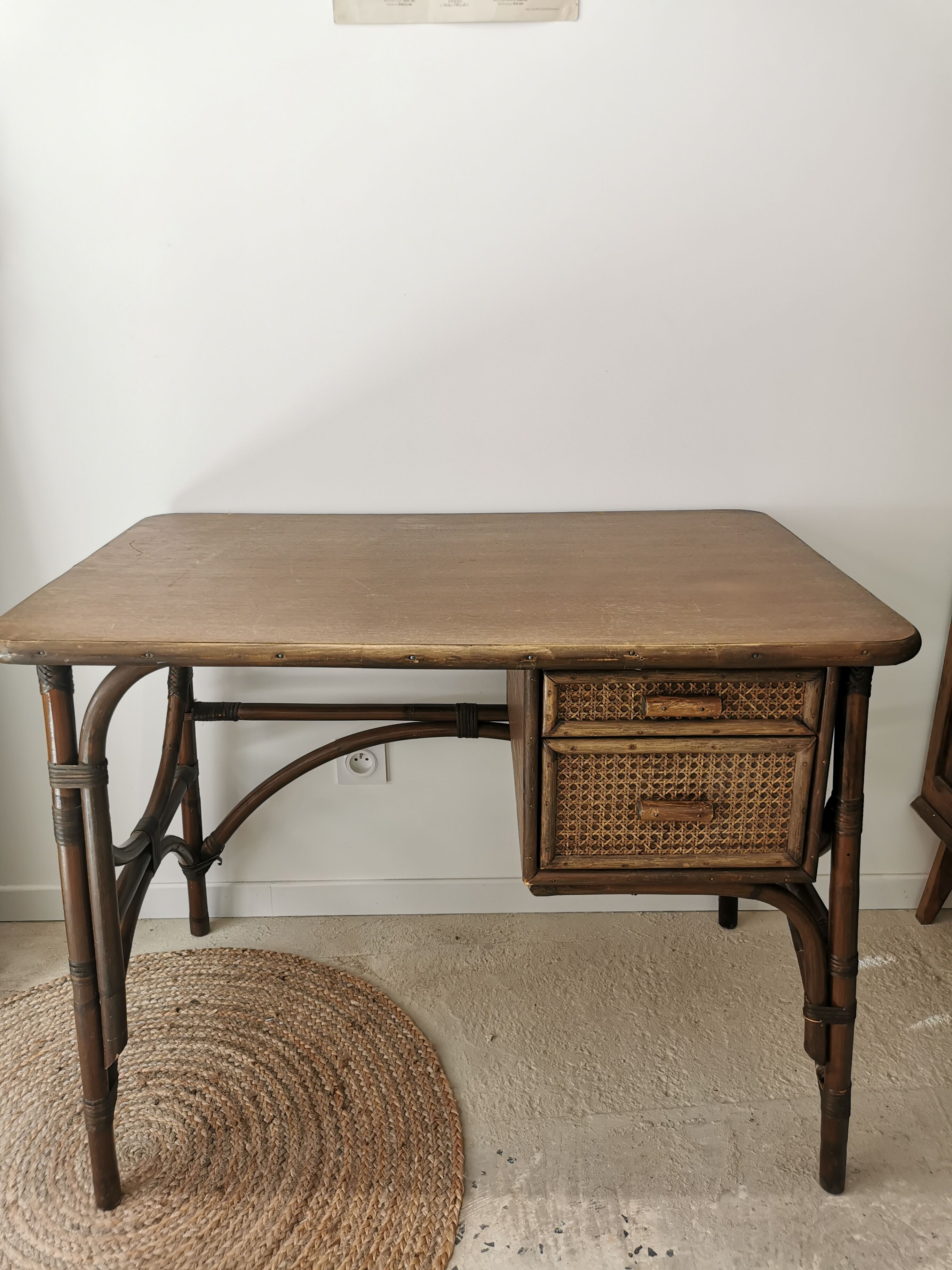 Rattan desk and vintage canning