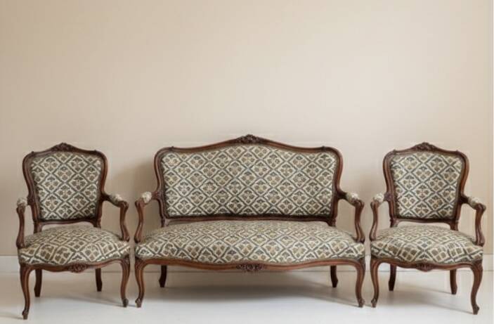 Louis XVI style salon: sofa and 2 cabriolet armchairs.