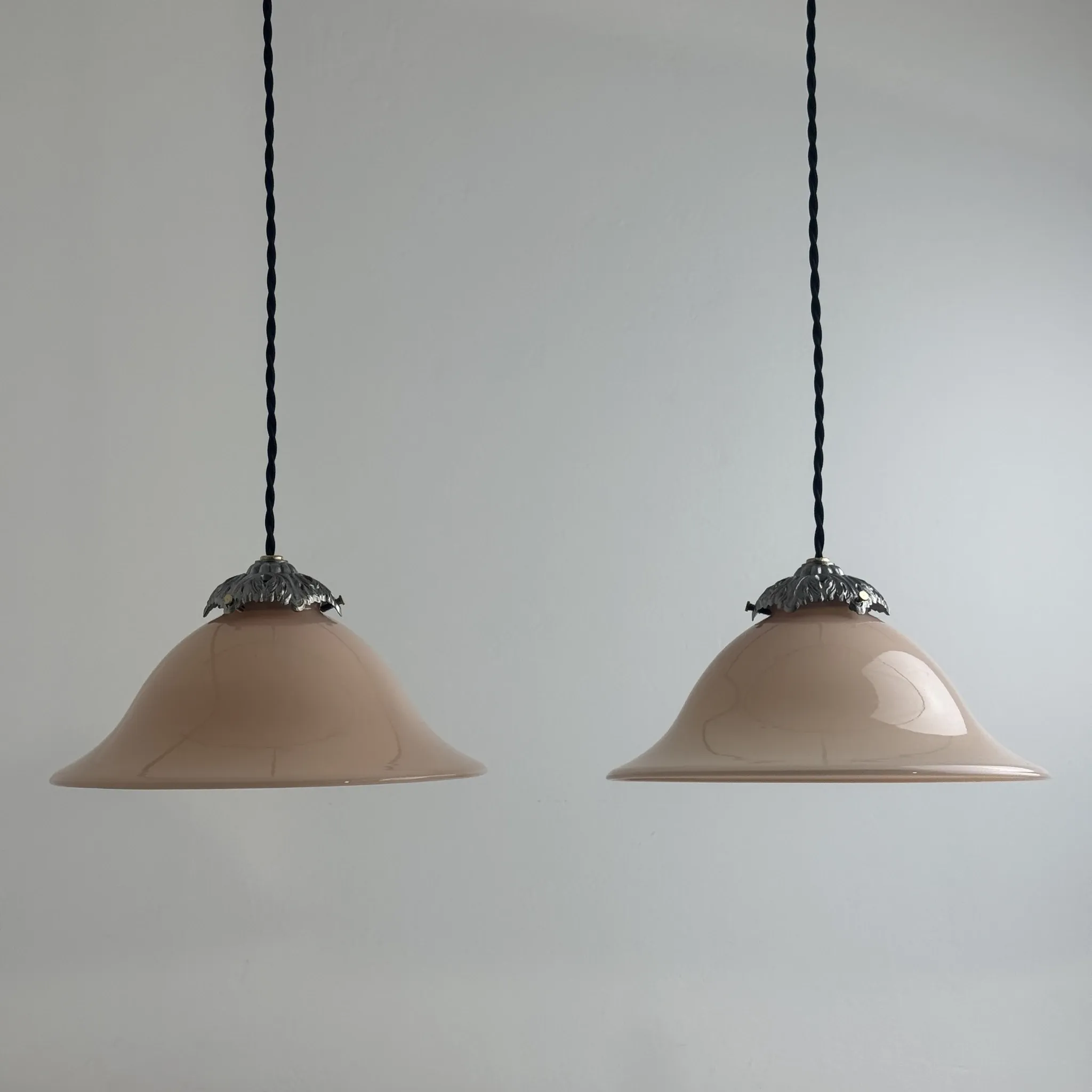 PAIR OF VINTAGE PINK OPALINE CONICAL SUSPENSIONS