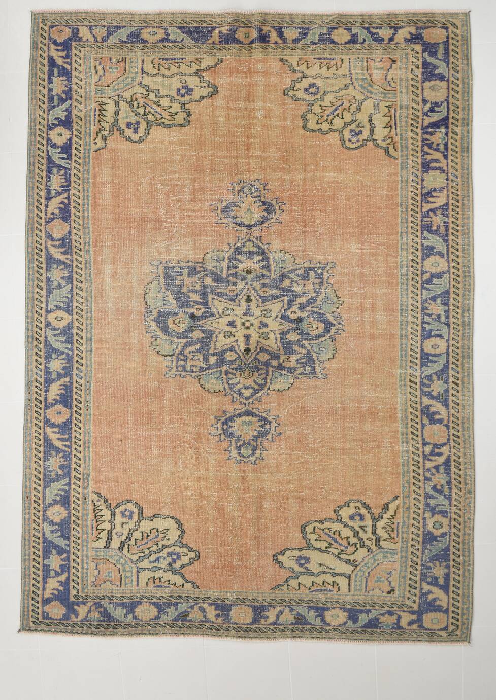 Samon & Blue Luxury Vintage Rug, Large Area Vintage Persian Rug, 218x302 Cm