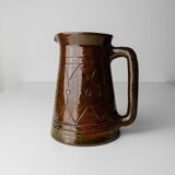 Vintage ceramic pitcher or vase with handle by Urbano Fontana, relief, brown glaze, Italy 1970s.