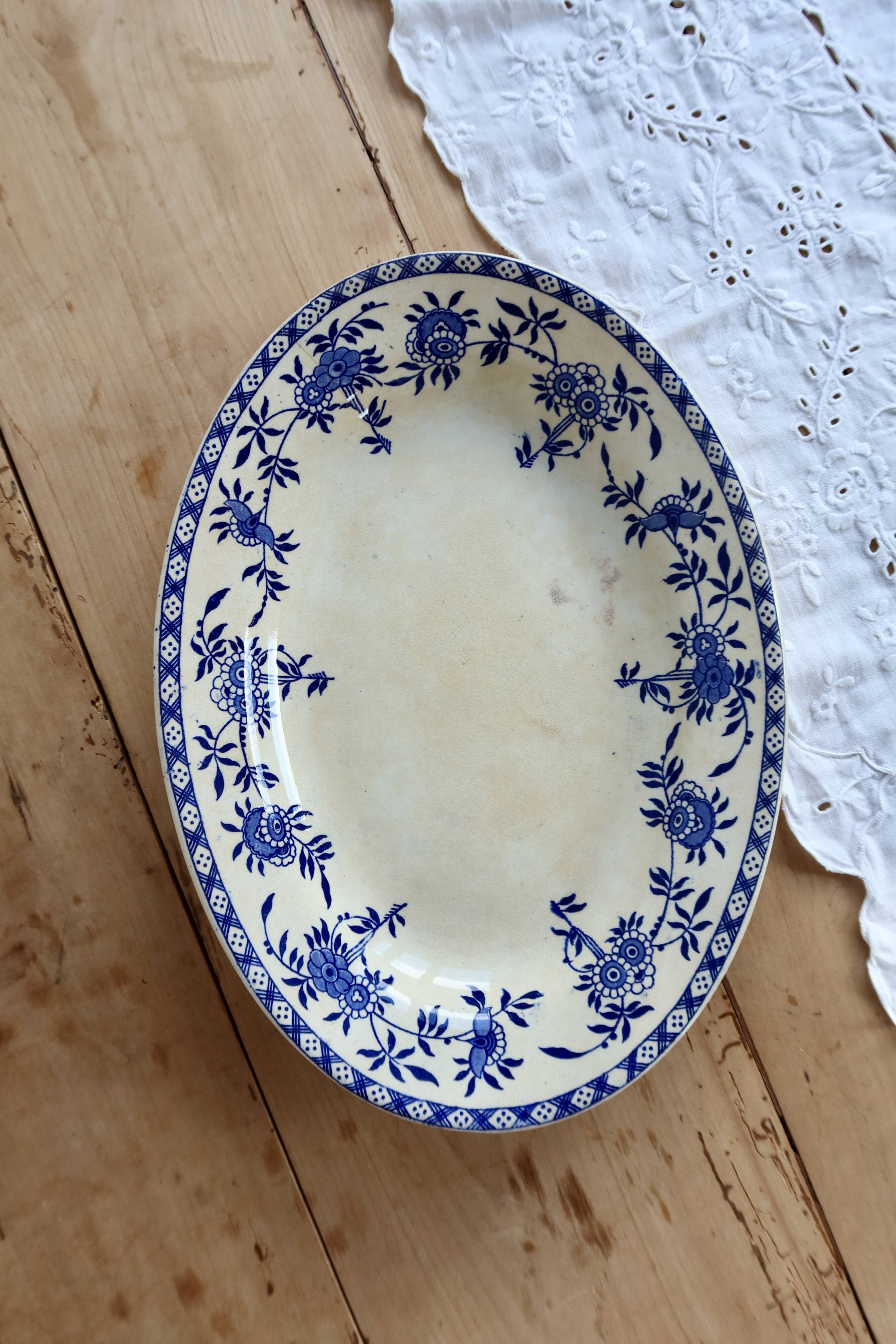Large oval antique plate, blue and white Dresden porcelain.
