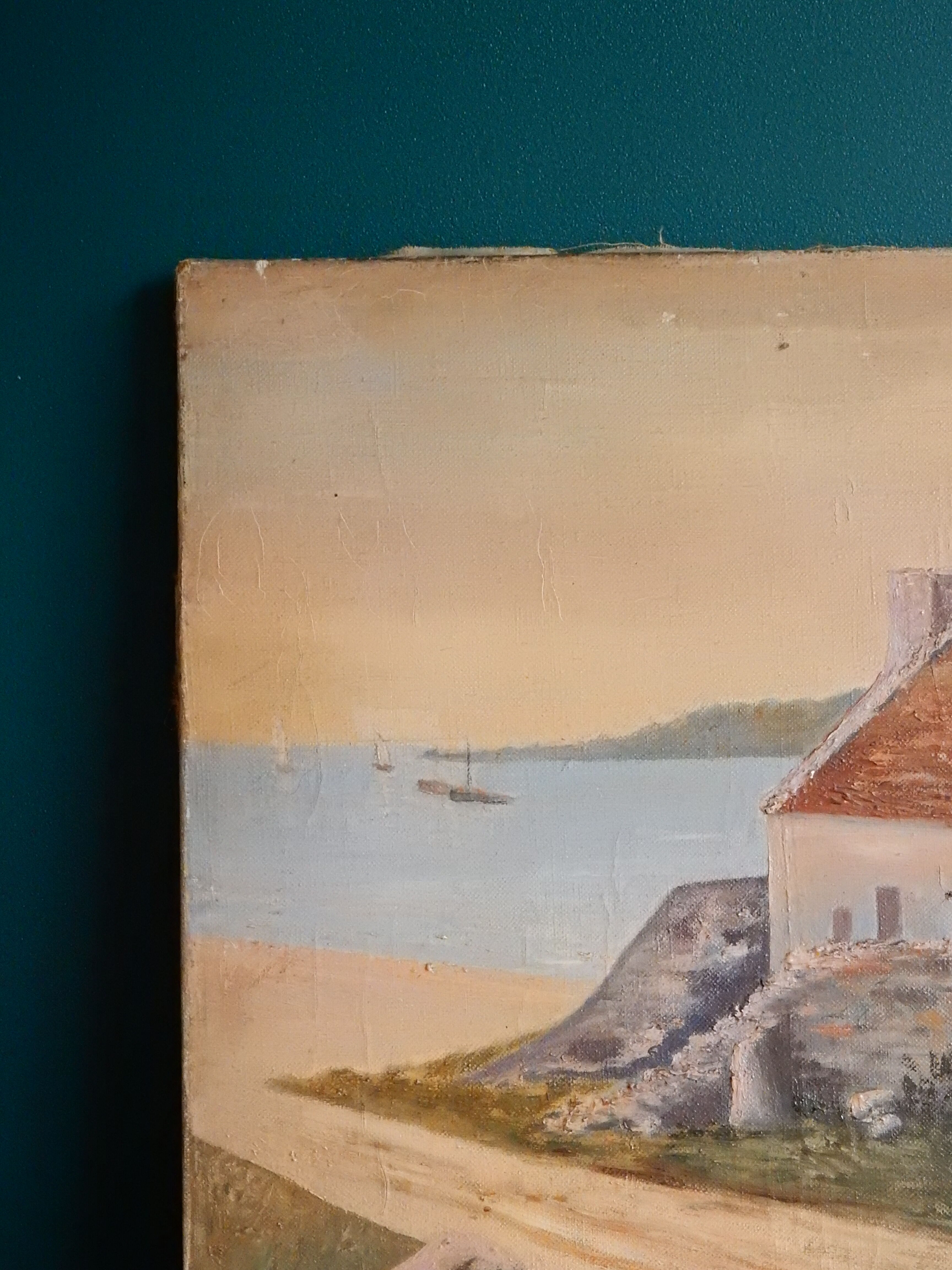 Tableau peinture ancienne homme bord de mer