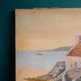Tableau peinture ancienne homme bord de mer