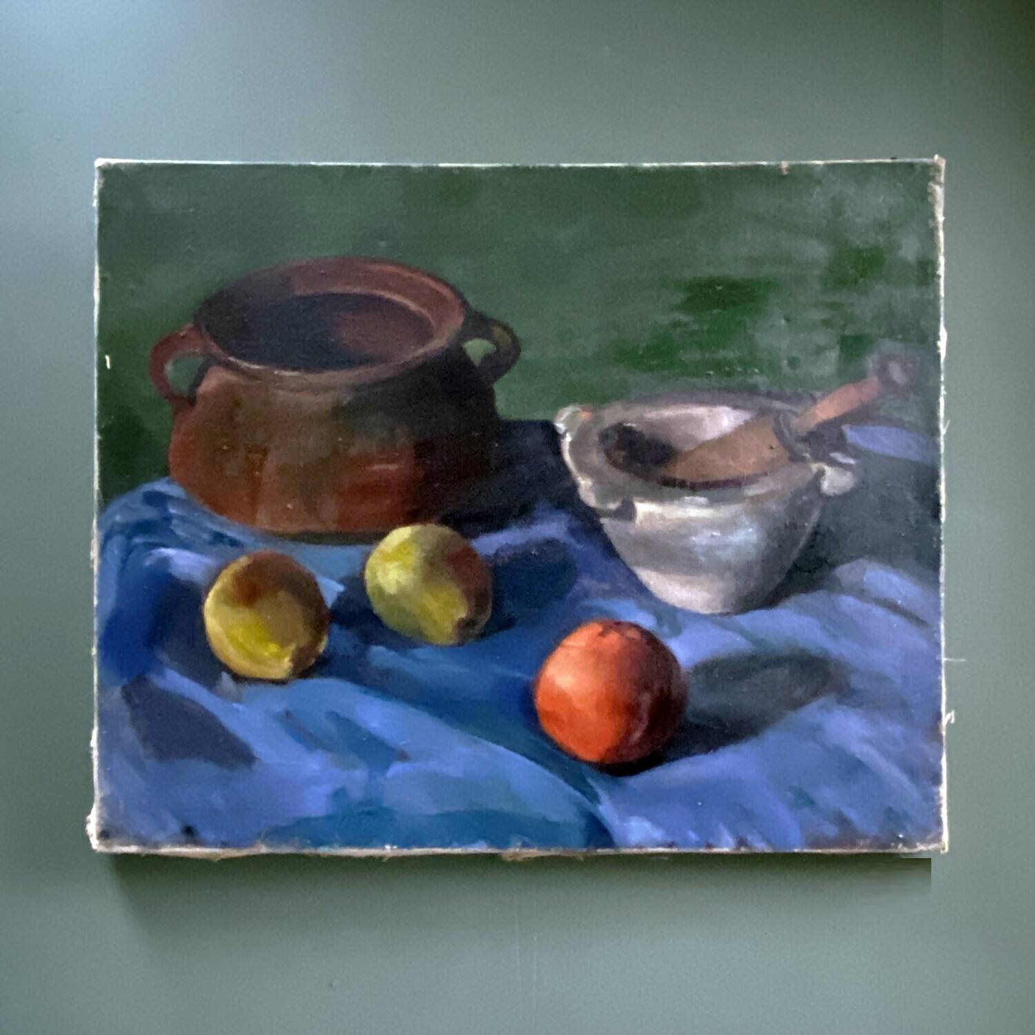 Early 20th century painting "Pot, apples and pestle"
