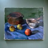 Early 20th century painting "Pot, apples and pestle"